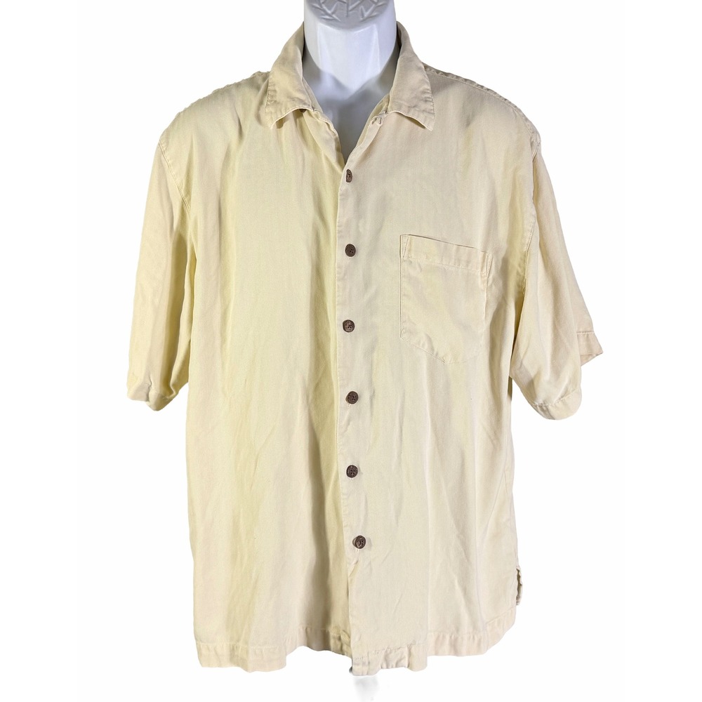 Seven Palm Silk Button Down Shirt Mens‎ Large Yellow Short Sleeve Camp